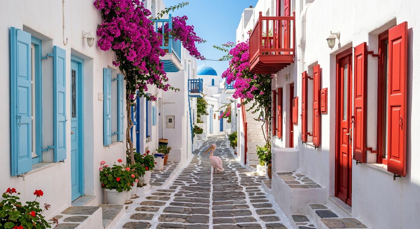 Miasto Mykonos (Chora): Labirynt białych uliczek i słynne pelikany